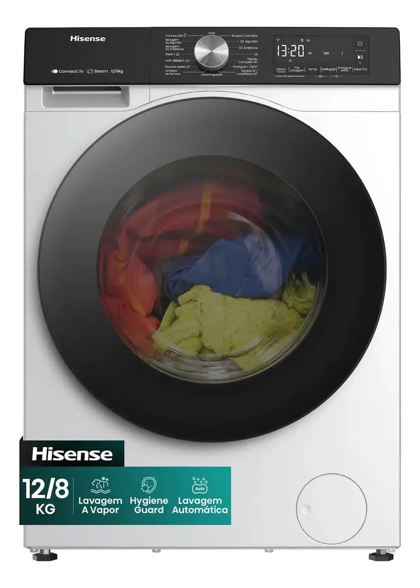 Lava e Seca Hisense 3S 12kg / 8kg Wi-Fi, 4 em 1, Inverter, 16 programas, Ciclo Rápido, Economia de Água-WD3S1243