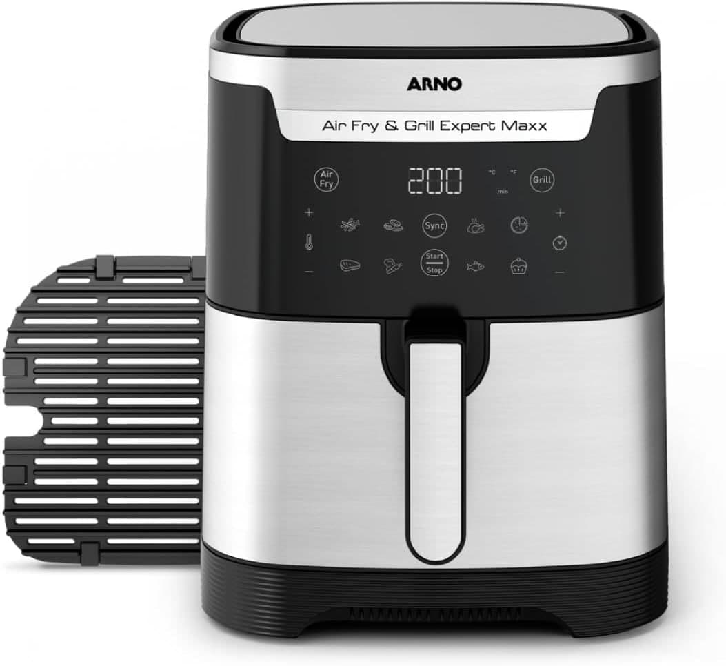 Fritadeira sem Óleo e Grill Arno Airfry & Grill Expert Maxx Digital 6,5L AFD6, 1680W, Inox e Preta, 8 Programas, Divisória e Função SYNC, 2 em 1 para Fritar e Grelhar, 110V